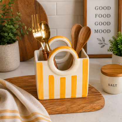 Handmade Ceramic Bag Organizer Vase – Mustard Stripe | Multipurpose Home Décor & Kitchen Utility