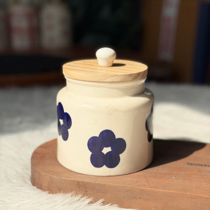 Midnight Bloom Ceramic Storage Jar with Wooden Lid
