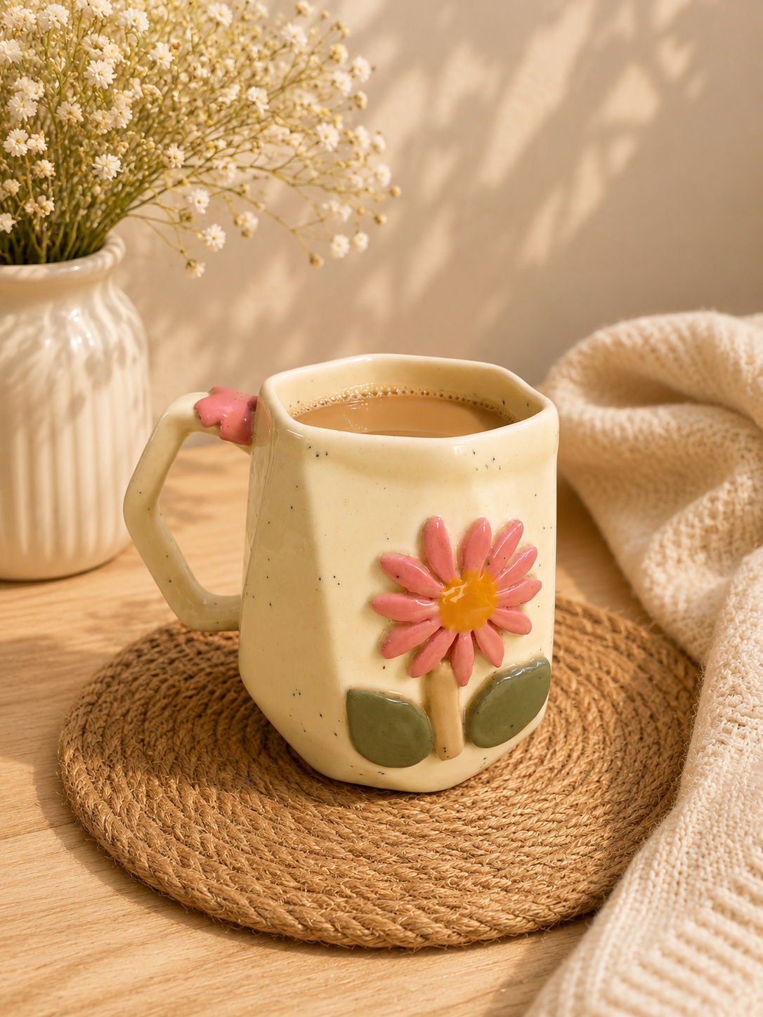 3D Pink Daisy Ceramic Mug