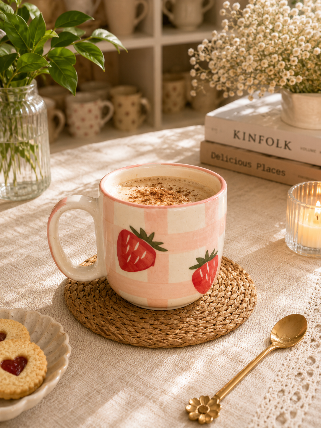 Strawberry Checkered Handpainted Ceramic Mug