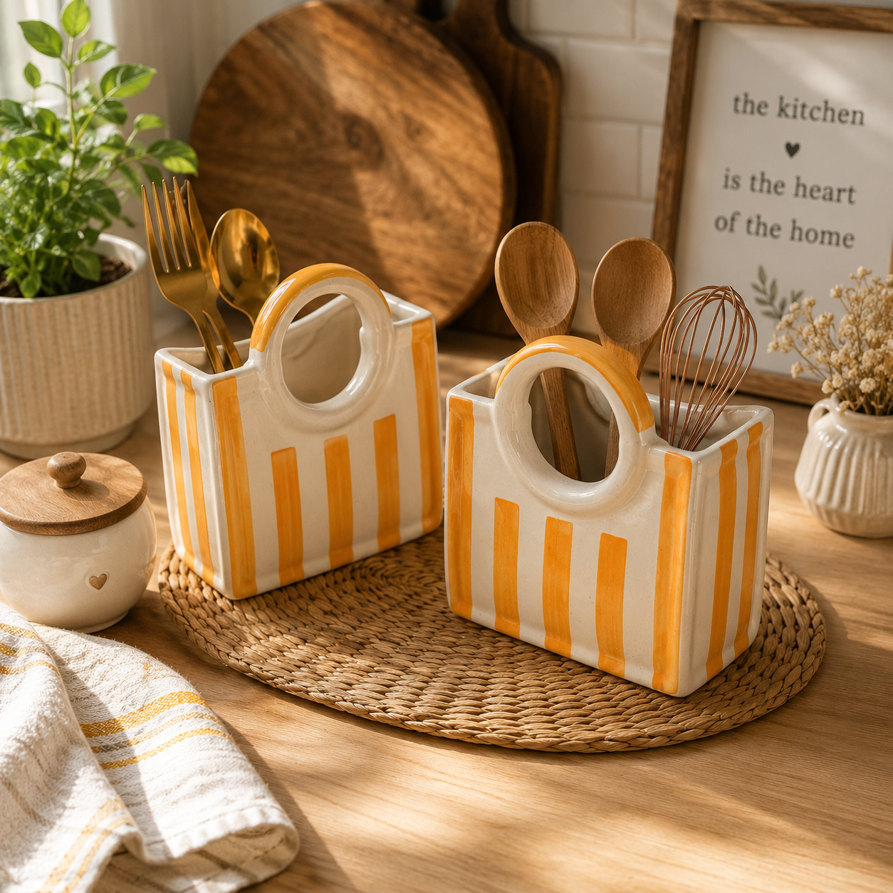 Handmade Ceramic Bag Organizer Vase – Mustard Stripe | Multipurpose Home Décor & Kitchen Utility