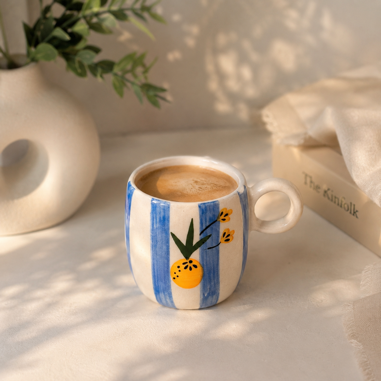Blue Stripe Citrus Ceramic Mug – Minimalist Coffee Mug (300 ml)