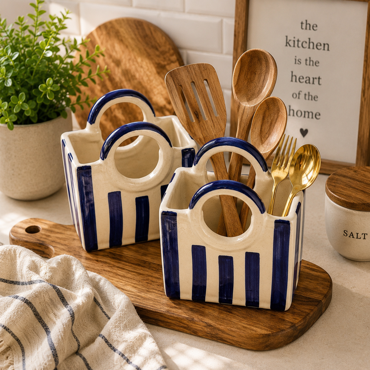 Blue Stripe Ceramic Bag Vase | Modern Tabletop Planter & Home Decor Holder
