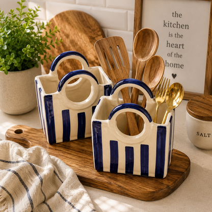 Blue Stripe Ceramic Bag Vase | Modern Tabletop Planter & Home Decor Holder