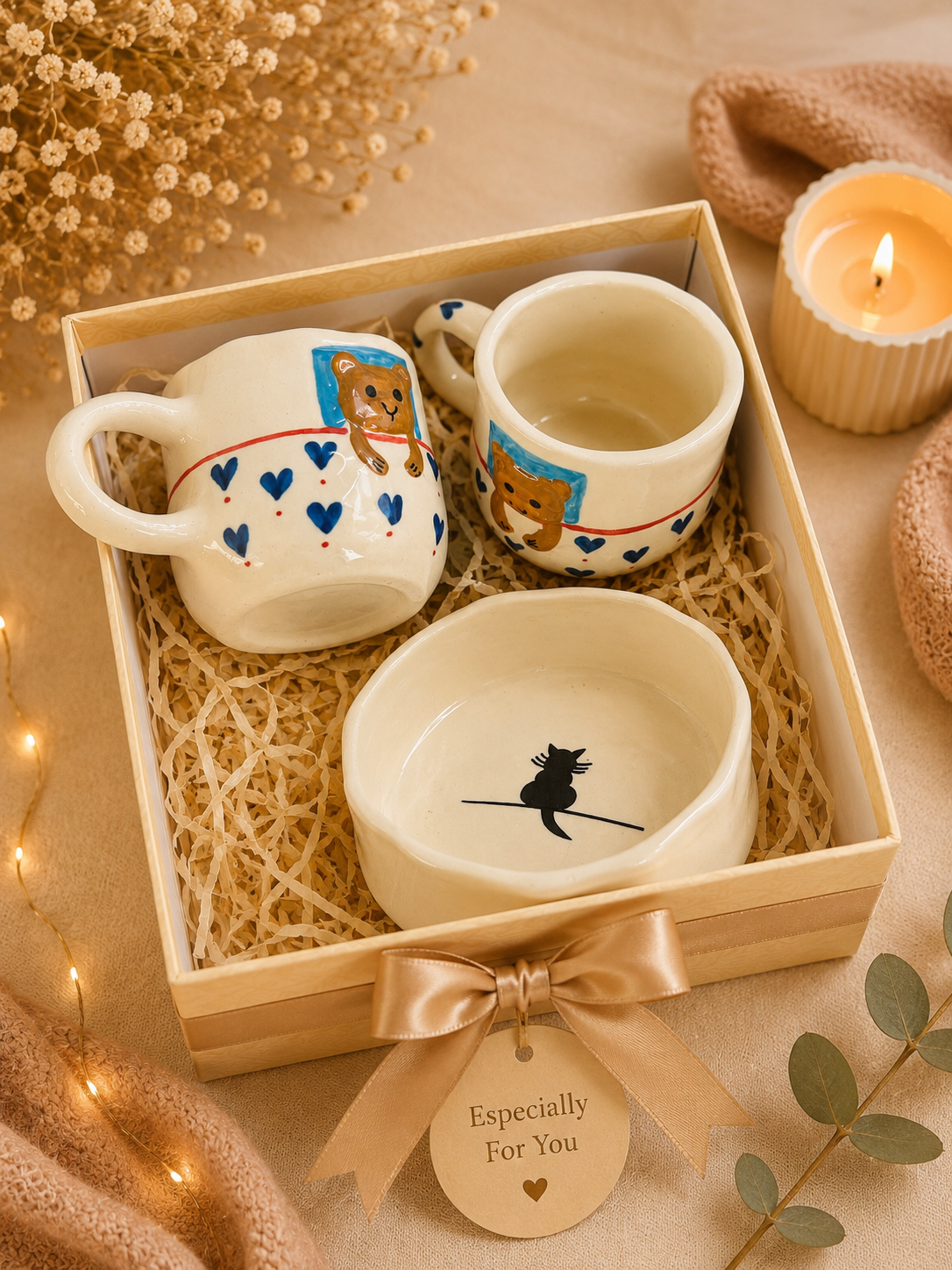 Teddy Love Coffee Gift Hamper (Set of 3) | 2 Coffee Mugs & Cat Snack Bowl