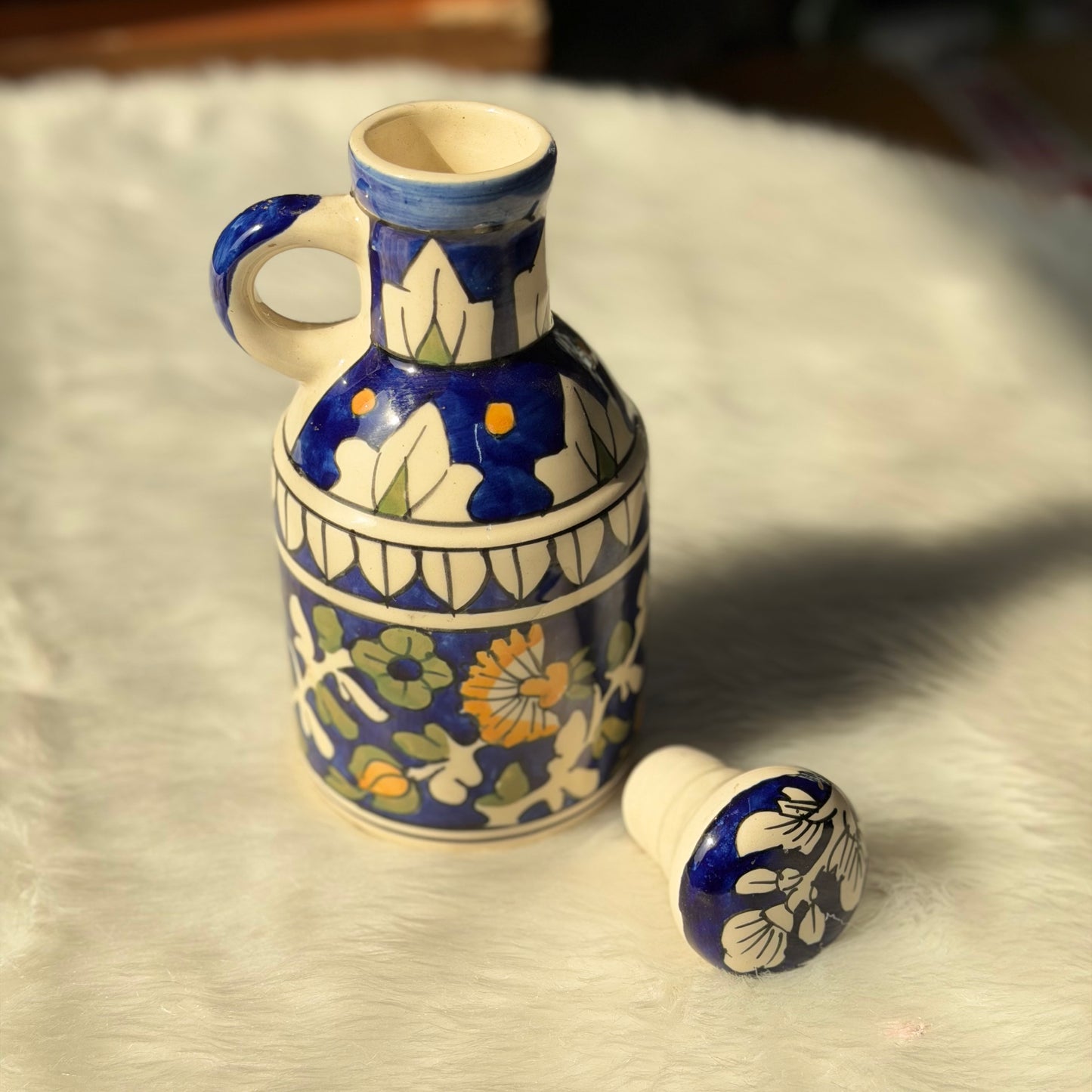 Indigo Bloom Hand-Painted Ceramic Oil Bottle