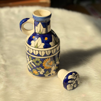 Indigo Bloom Hand-Painted Ceramic Oil Bottle