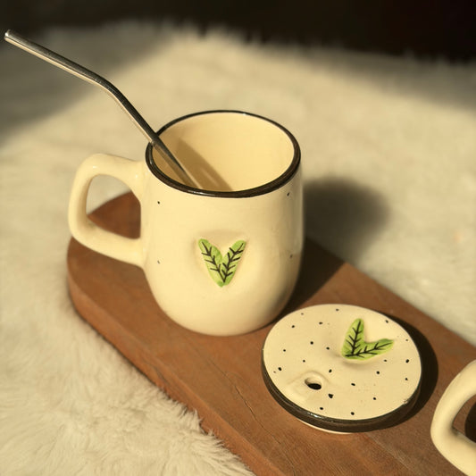 Handcrafted Botanical Brew Ceramic Mug with Lid & Steel Straw