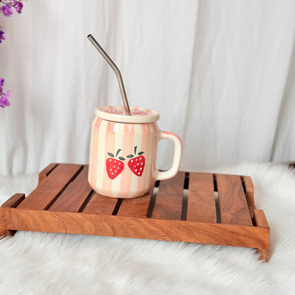 Strawberry Bliss Handcrafted Ceramic Sipper Mug with Lid & Straw