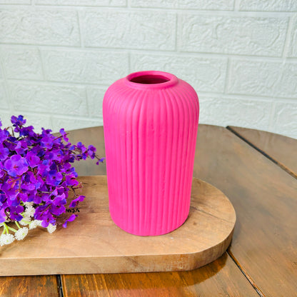 Matte Pink Ribbed Ceramic Vase – Modern Minimalist Home Décor