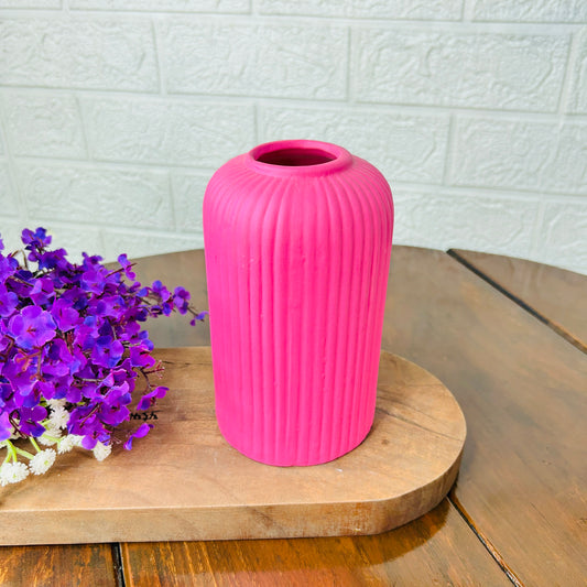 Matte Pink Ribbed Ceramic Vase – Modern Minimalist Home Décor