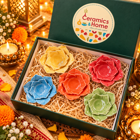Multicolor Rose Ceramic Diya Set of 5 – Handmade Diwali Gift Set
