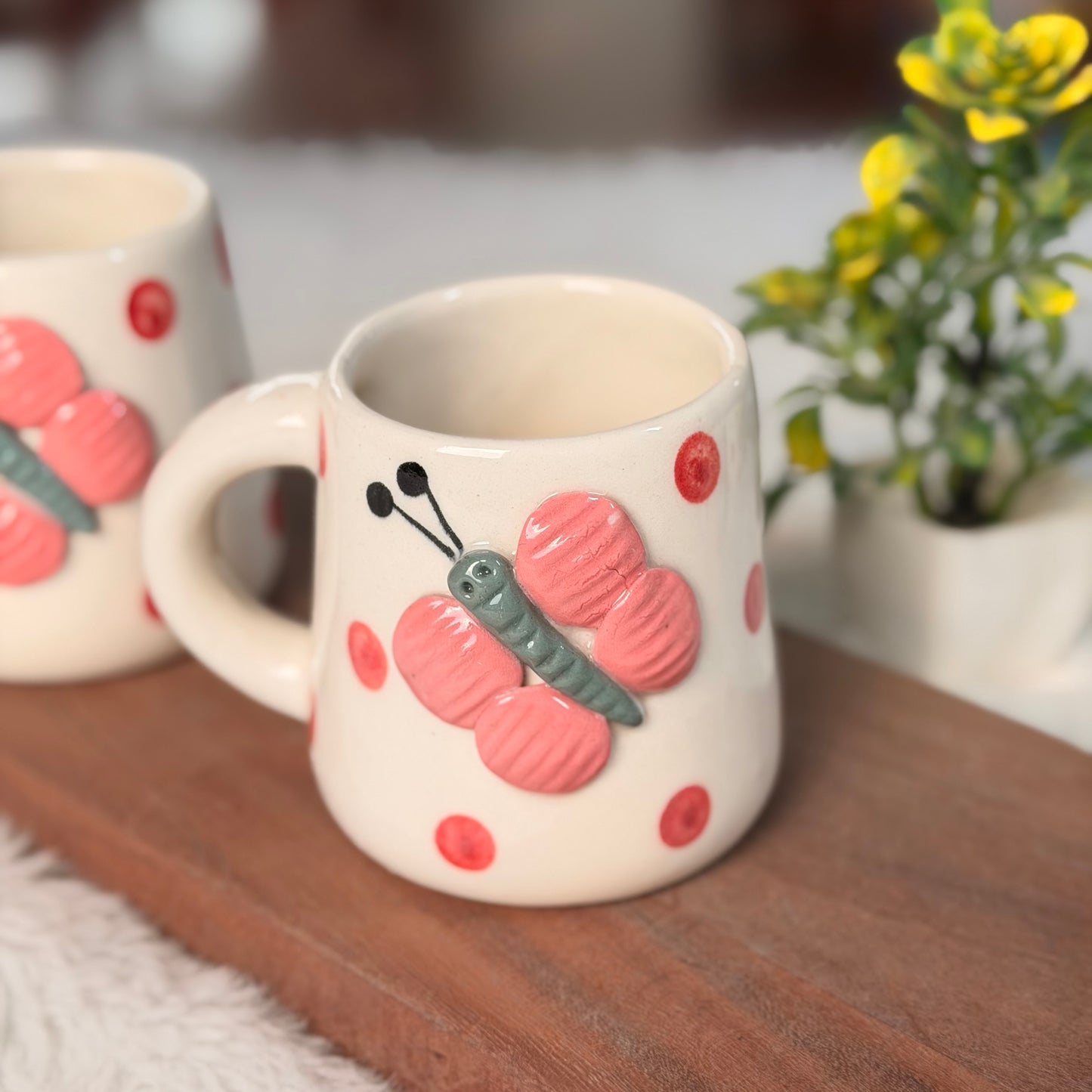 Handcrafted Butterfly Polka Dot Ceramic Mug – Pink Butterfly Coffee Mug