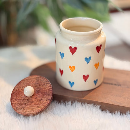 Colorful Hearts Ceramic Storage Jar with Wooden Lid