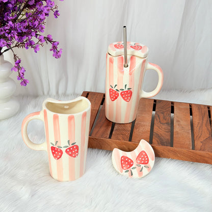 Strawberry Drip Tall Handcrafted Ceramic Sipper Mug with Lid & Straw