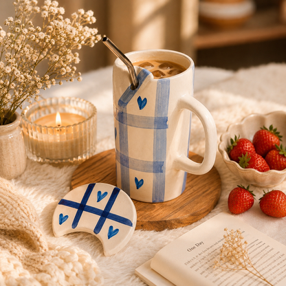 Blue Plaid Ceramic Sipper Mug with Straw