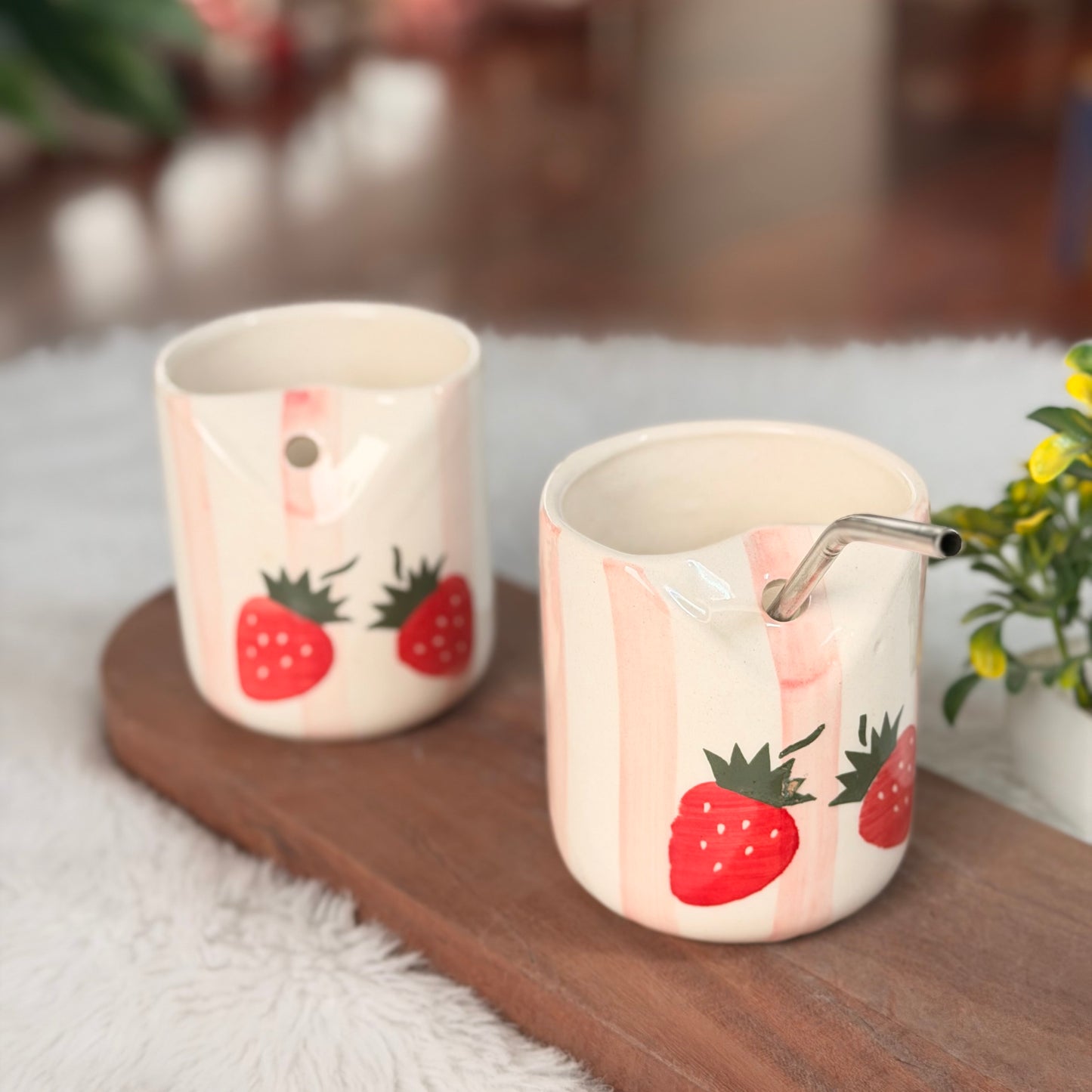 Strawberry Ceramic Yogurt Mug with Straw Holder – Cute Smoothie & Milkshake Mug