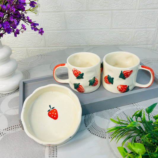 Strawberry Ceramic Mug & Plate Set – 3-Piece Gift Collection