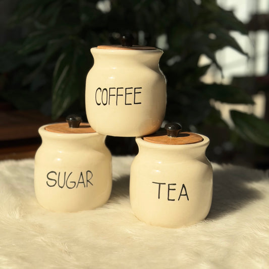 Rustic Ceramic Kitchen Canister Set (Coffee, Sugar & Tea)