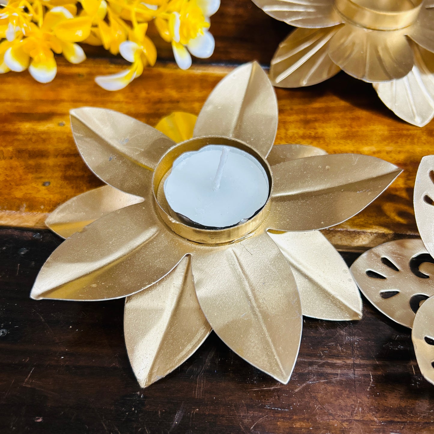 Golden Lotus Metal Tea Light Holders (Set of 3)