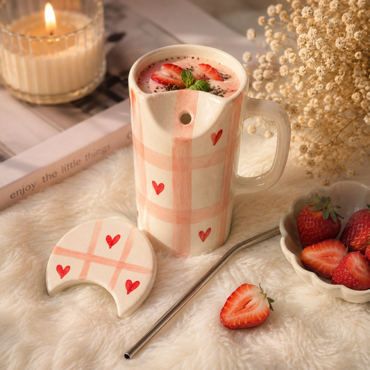 Heart Checkered Ceramic Smoothie Mug with Lid & Straw Holder