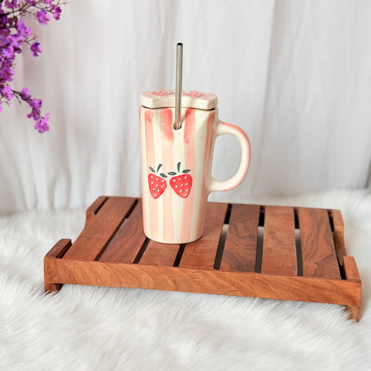 Strawberry Drip Tall Handcrafted Ceramic Sipper Mug with Lid & Straw