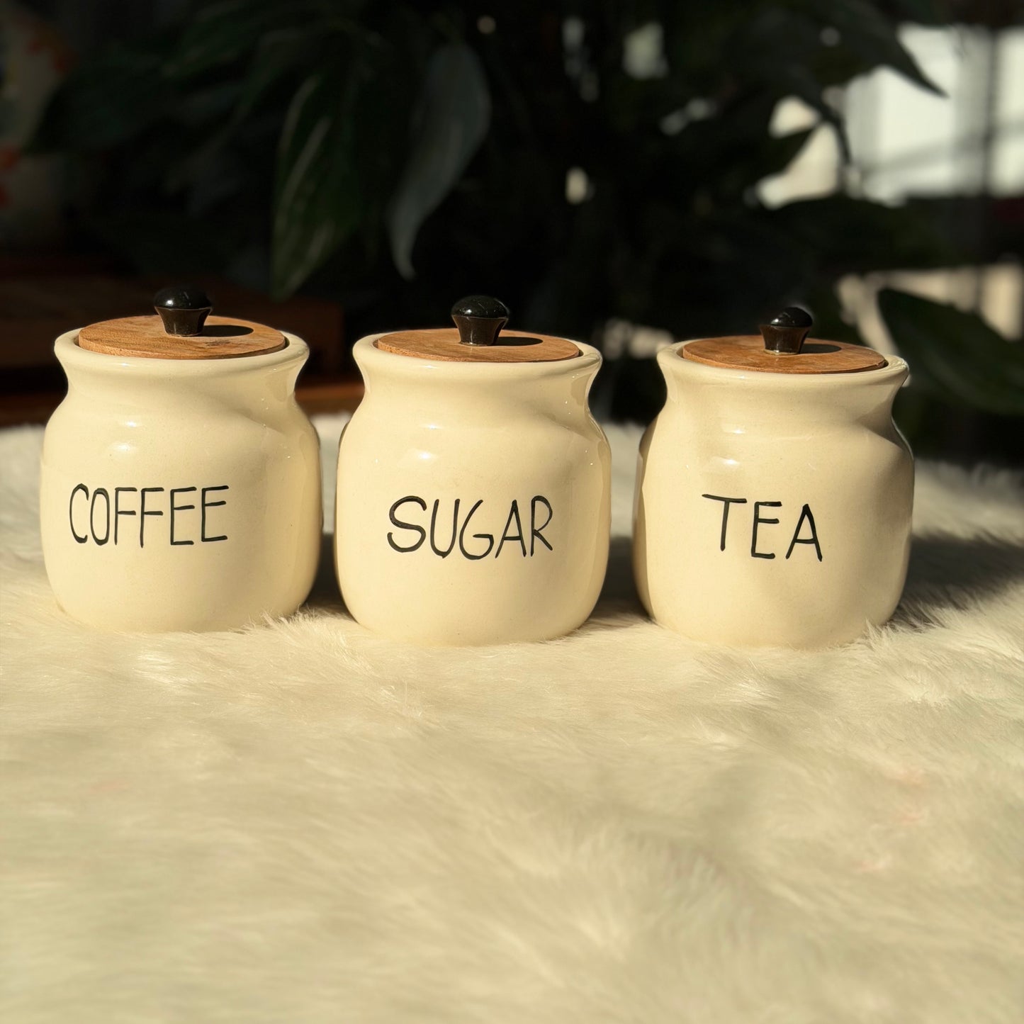 Rustic Ceramic Kitchen Canister Set (Coffee, Sugar & Tea)
