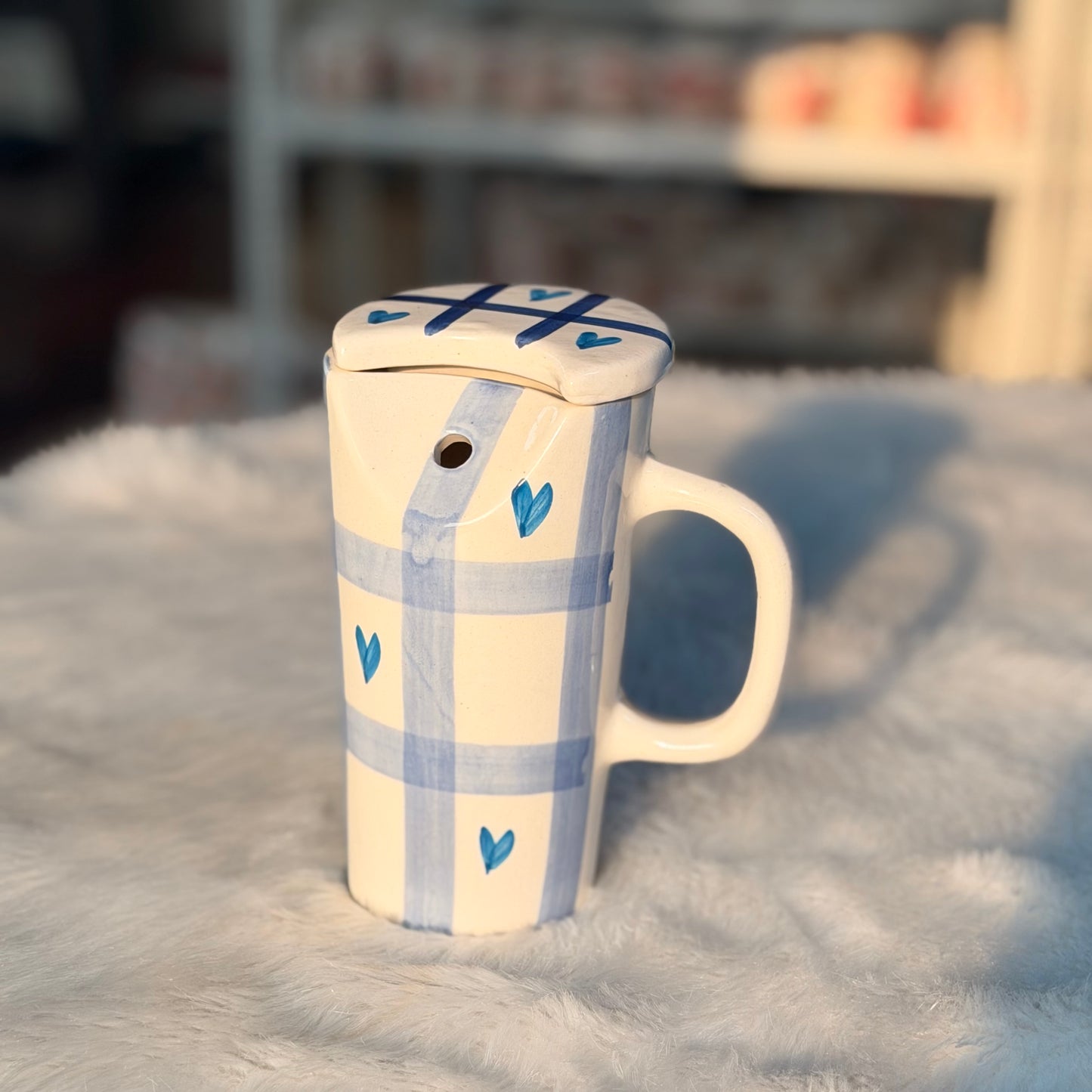 Blue Plaid Ceramic Sipper Mug with Straw