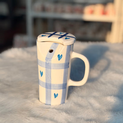 Blue Plaid Ceramic Sipper Mug with Straw