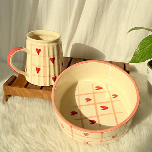 Blush Heart Grid Ceramic Mug & Bowl Set