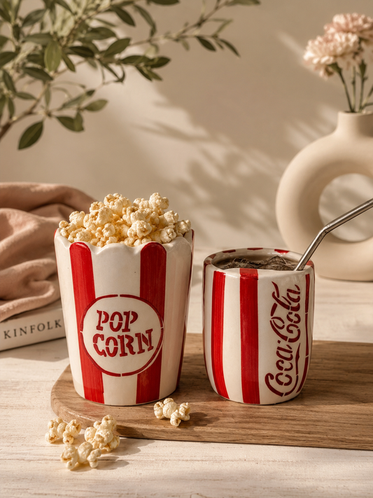 Movie Night Combo | Popcorn Ceramic Bowl & Coca-Cola Inspired Sipper Mug Set