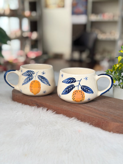 Handcrafted Citrus Bloom Ceramic Mug – Blue Botanical Edition