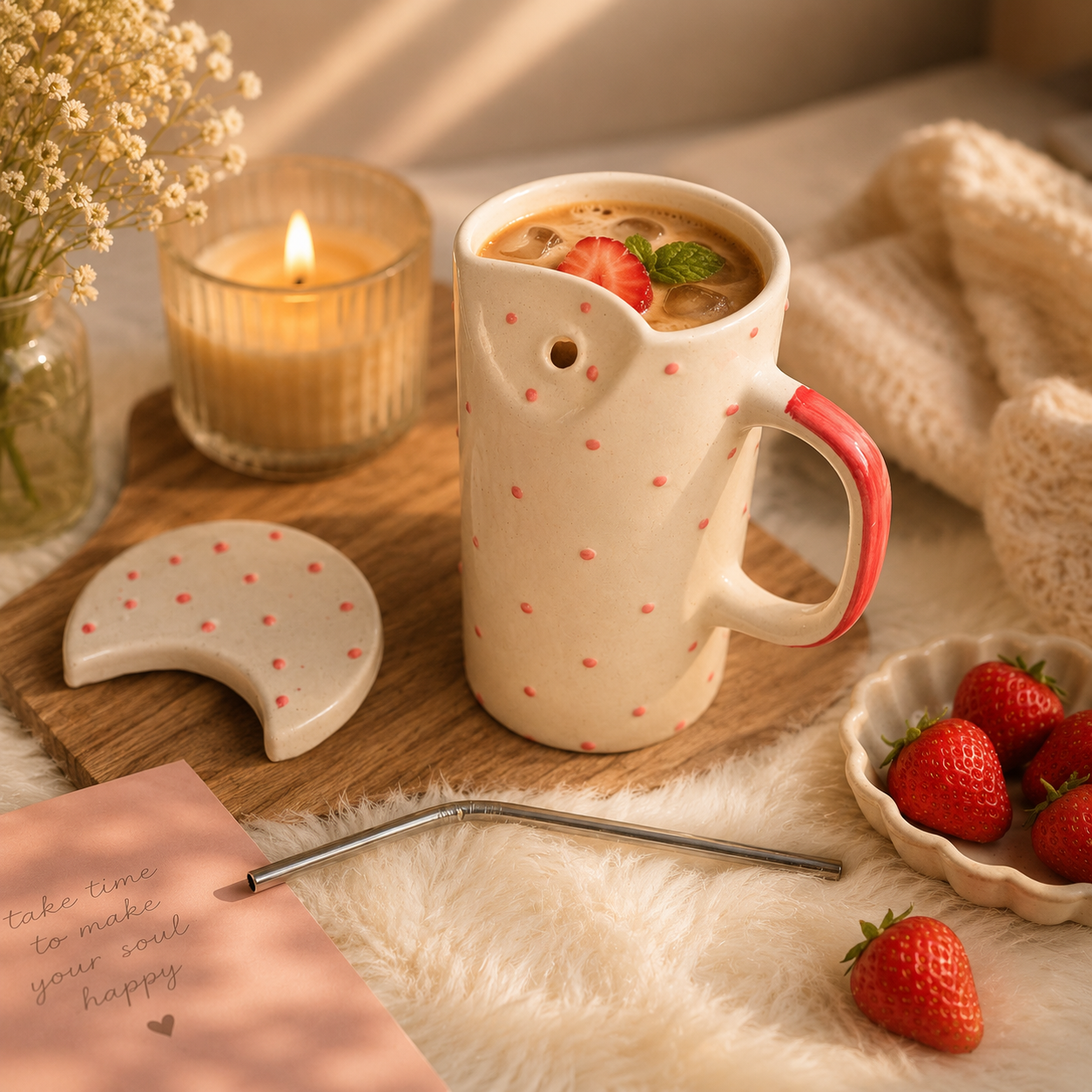 Pink Polka Dot Ceramic Sipper Mug with Lid & Steel Straw