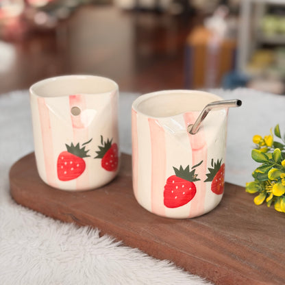 Strawberry Ceramic Yogurt Mug with Straw Holder – Cute Smoothie & Milkshake Mug