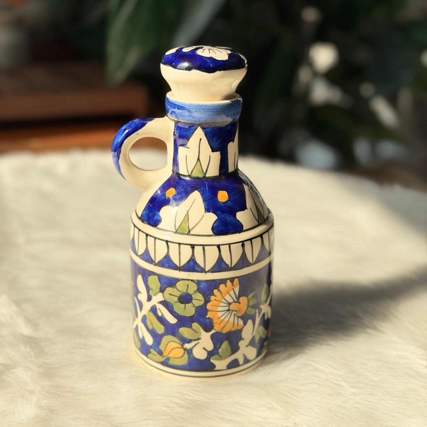 Indigo Bloom Hand-Painted Ceramic Oil Bottle