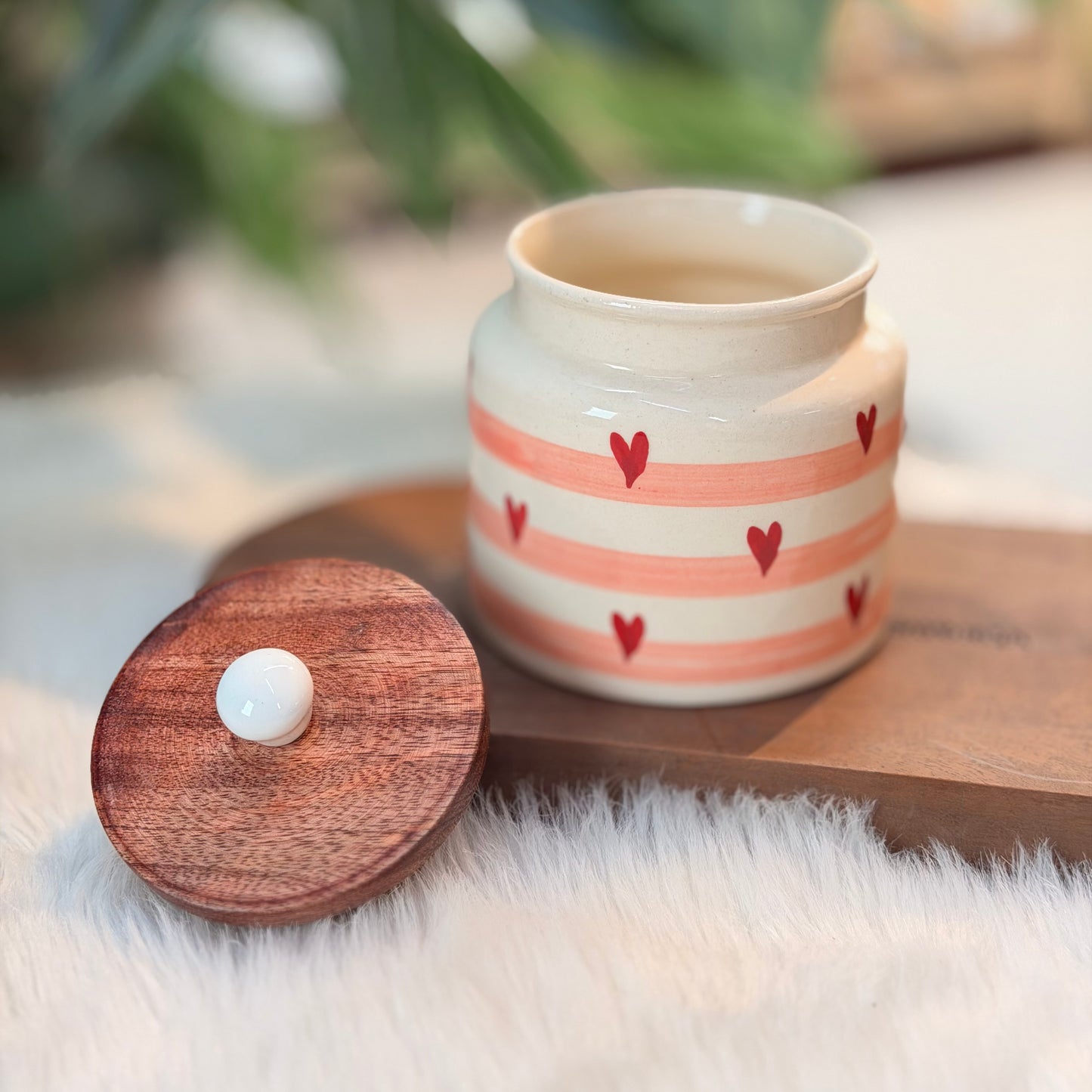 Heart Stripe Ceramic Storage Jar with Wooden Lid