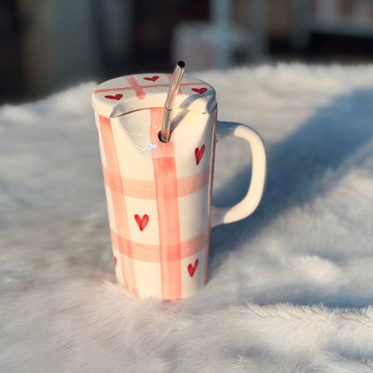 Heart Checkered Ceramic Smoothie Mug with Lid & Straw Holder