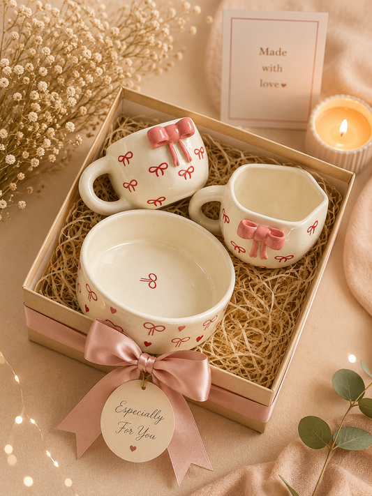 Pink Bow Breakfast Hamper Set – Handmade Ceramic Mug & Snack Bowl Gift Box