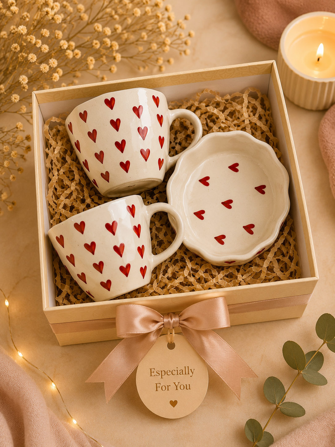 Red Heart Ceramic Gift Hamper Set – 2 Coffee Mugs & 1 Snack Bowl | Premium Gift Box