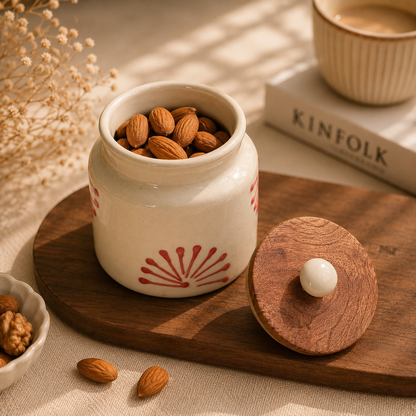 Ceramic Storage Jar with Wooden Lid – Floral Red Design