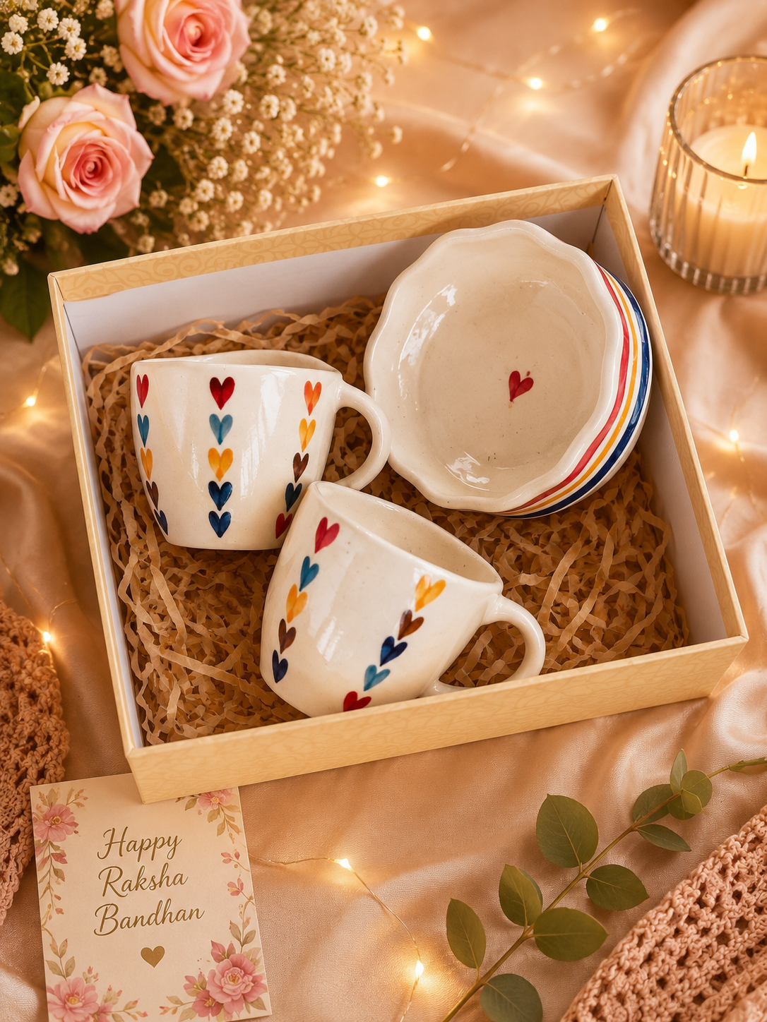 Heart Ceramic Rakhi Gift Hamper | 2 Coffee Mugs & 2 Snack Bowls Gift Set
