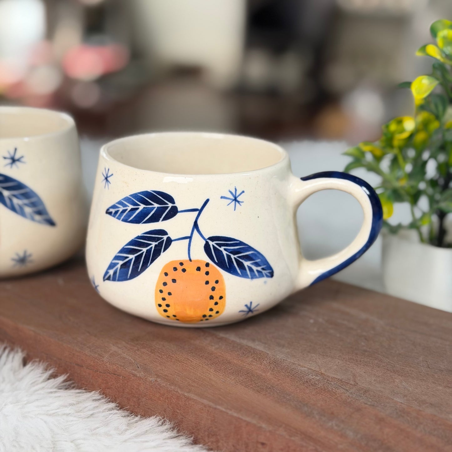 Handcrafted Citrus Bloom Ceramic Mug – Blue Botanical Edition