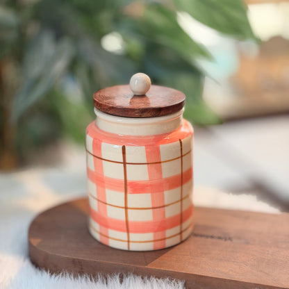 Pink Plaid Ceramic Storage Jar with Wooden Lid