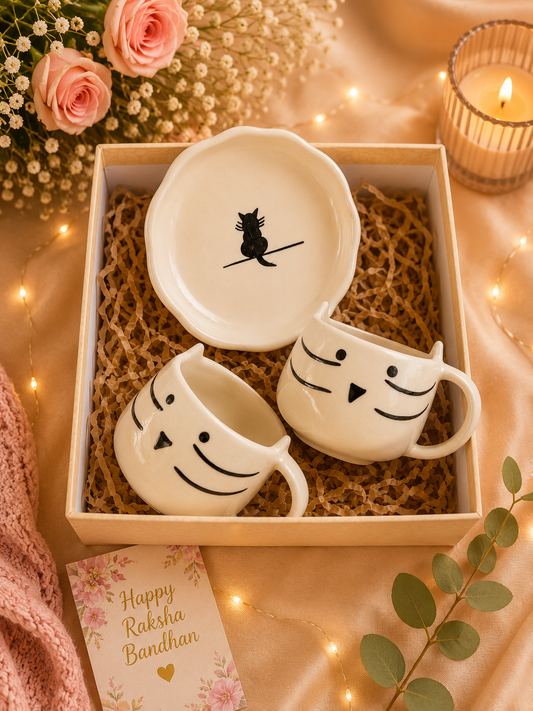 Cute Cat Handmade Ceramic Gift Hamper Set – 2 Cat Face Coffee Mugs & Cat Bowl | Premium Gift Box