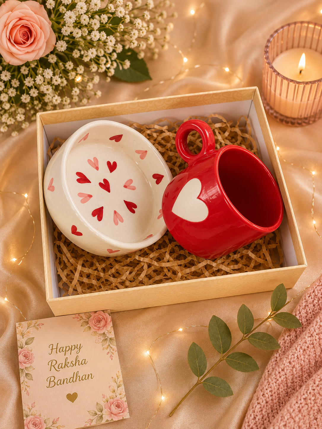 Heart Bowl & Red Mug Handmade Ceramic Gift Set | Raksha Bandhan Gift Hamper
