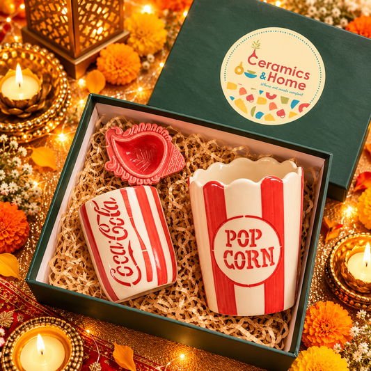 Movie Night Ceramic Gift Set – Popcorn Tub, Coke Cup & Diya | 3-Piece Festive Gift Set