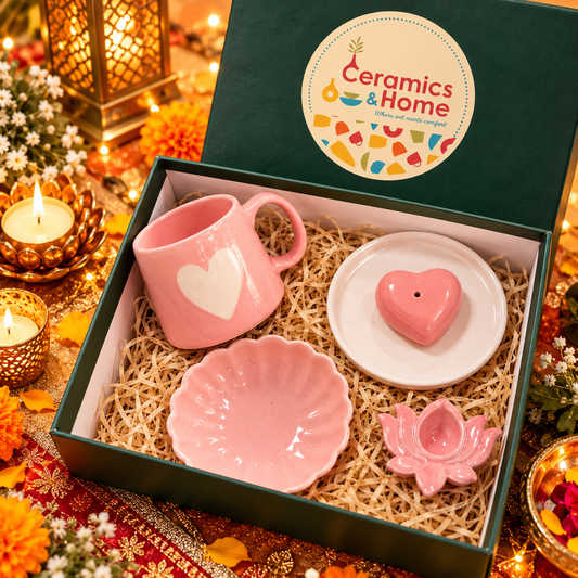 Blush Pink Heart Ceramic Diwali Gift Set – Mug, Bowls & Lotus Diya Set