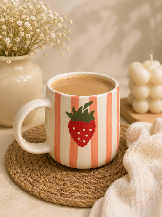 Handpainted Strawberry Stripes Ceramic Mug – 350 ML