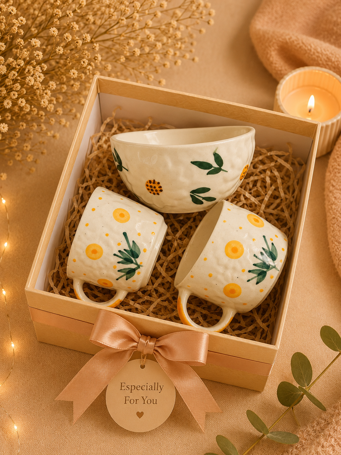 Floral Ceramic Gift Hamper Set – 2 Coffee Mugs & 1 Serving Bowl | Premium Gift Box