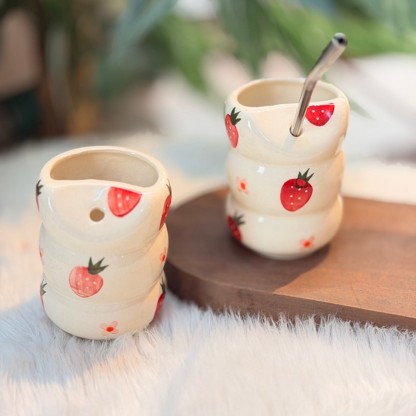 Strawberry Ceramic Sipper with Straw